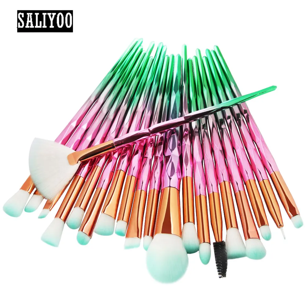 20pcs Pink Green SALIYOO Pro, 21 шт., Русалочка, рыбий хвост, алмазные кисти для макияжа, набор, основа, пудра, тени для век, контурная смесь, косметическая кисть для лица и губ - Handle Color: 20pcs Pink Green