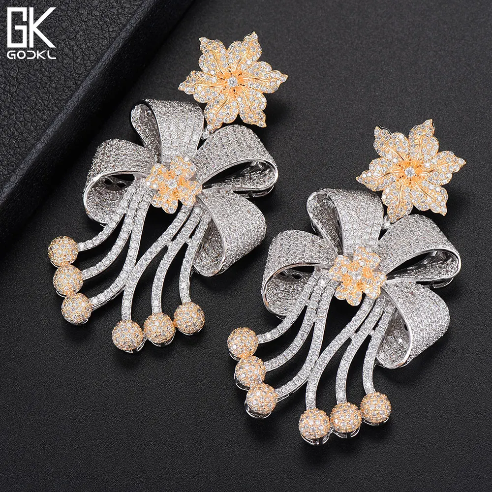GODKI 72mm Trendy Luxury Bowknot Tassels Nigerian Long Dangle Earrings For Women Wedding Zirconia CZ Dubai Bicolor Earring | Украшения и