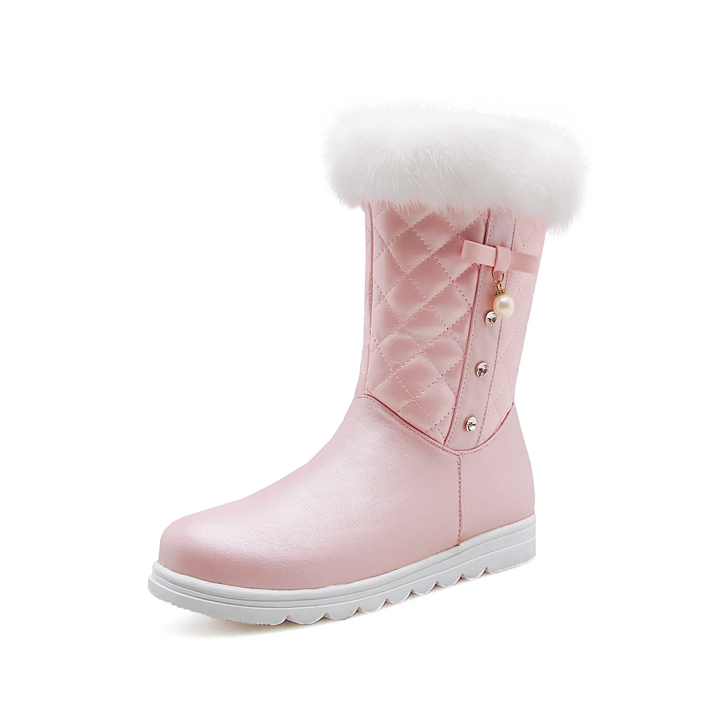 NEW fashion warm Mid-Calf snow boots women round toe soft leather warm Rabbit Fur winter thick fur ladies winter shoes