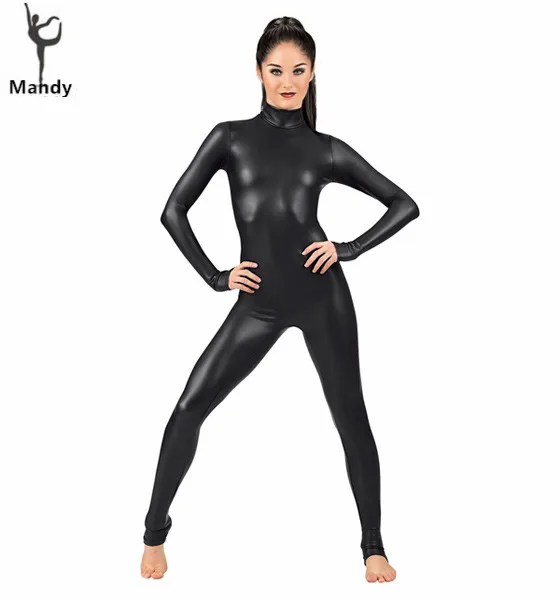 

Spandex Full Lycra Zentai Bodysuit Turtleneck Long Sleeve Metallic Unitard Gymnastics Black Adult Shiny Catsuit Dance Wet Look