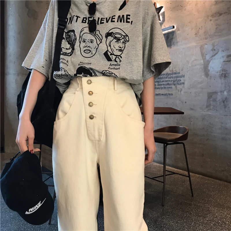 Для женщин брюк в Корейском стиле Панк Harajuku Ulzzang Высокая Талия Однобортный прямые