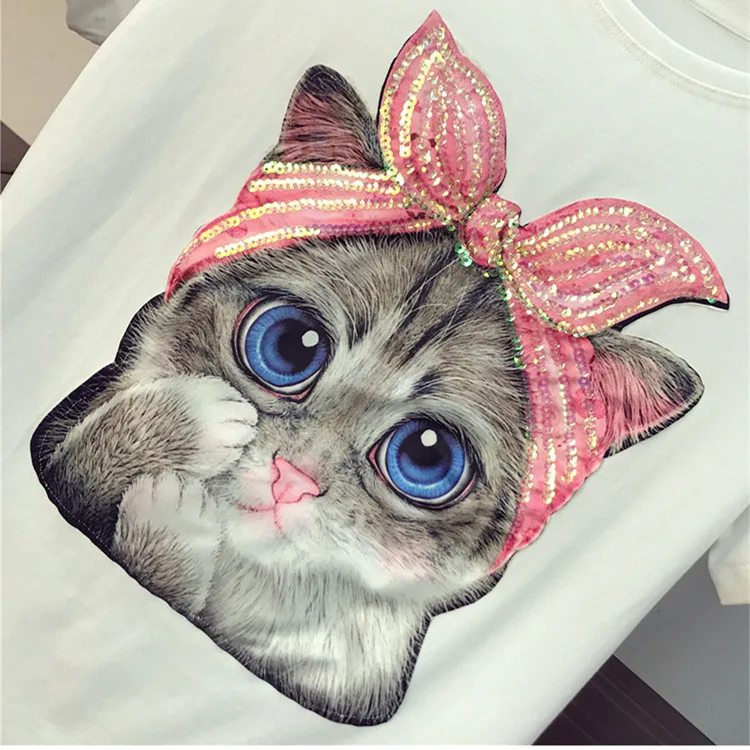 Женский костюм из топа и юбки хлопковая футболка с рисунком кота блестками +
