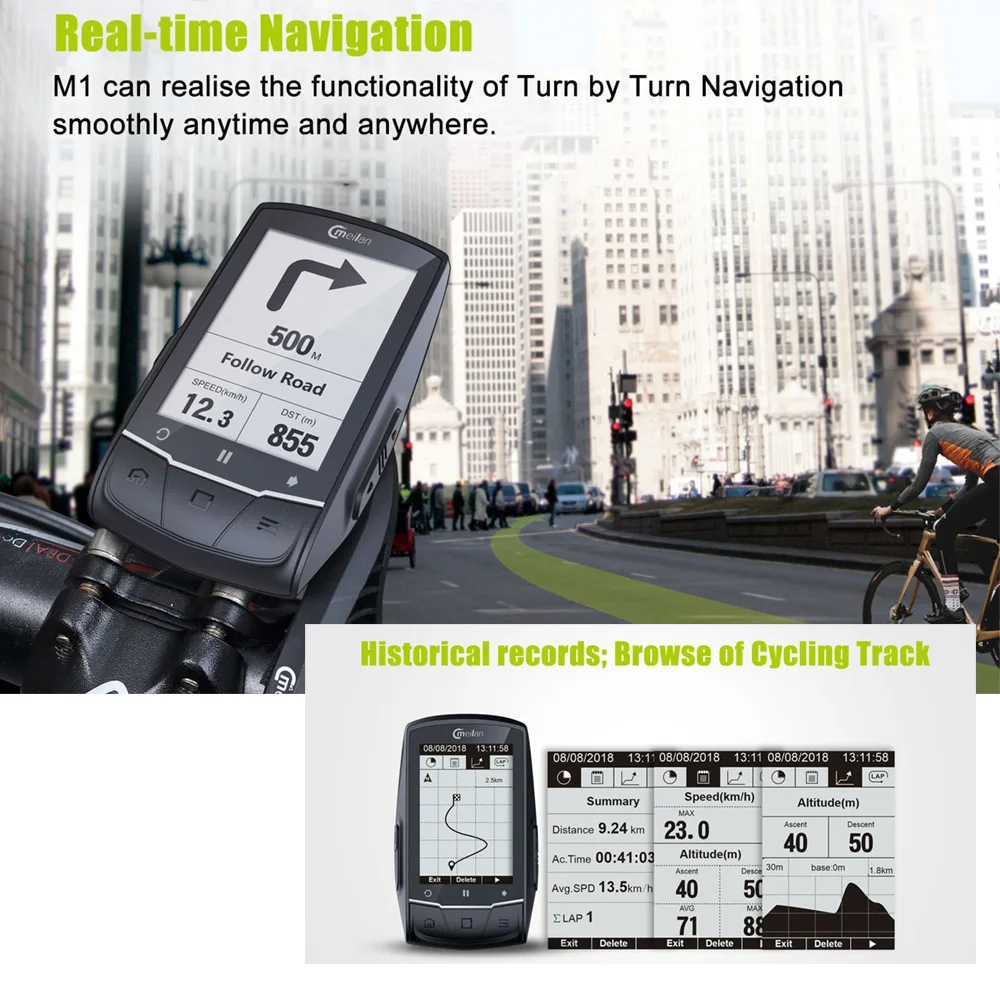 MEILAN M1 GPS Navigation Bike Computer Peedometer Candence Heart Rate 2.6" BLE4.0 Bicycle Computer Speedometer