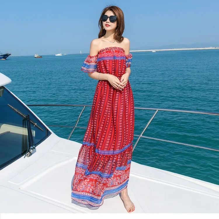Stinlicher Boho Style Long Dress Women Off Shoulder Beach Summer Dresses Vintage Print Chiffon Elastic Waist Maxi Vestidos | Женская