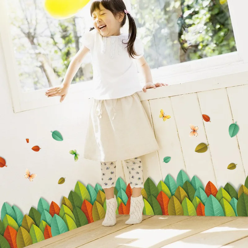 &amp 3d зеленая трава растение линия талии краска Цветы бабочки стикер стены