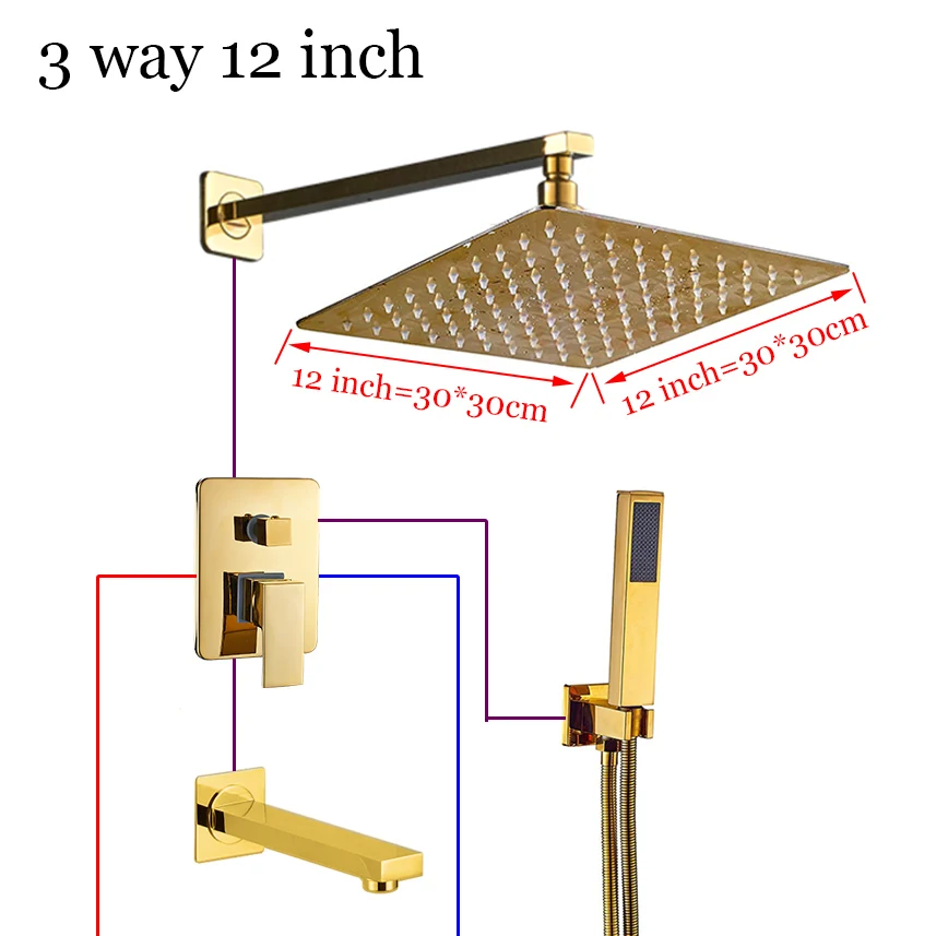 B3 Way 12 Inch Оптом и в розницу Золотой Латунь shovr головка одной ручкой Клапан смеситель W/ручной душ горячий и холодный смеситель - Цвет: B3 Way 12 Inch