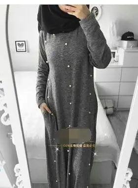 

1 шт./лот, повседневное мусульманское хлопковое длинное платье с бусинами, женское однотонное повседневное длинное мусульманское платье