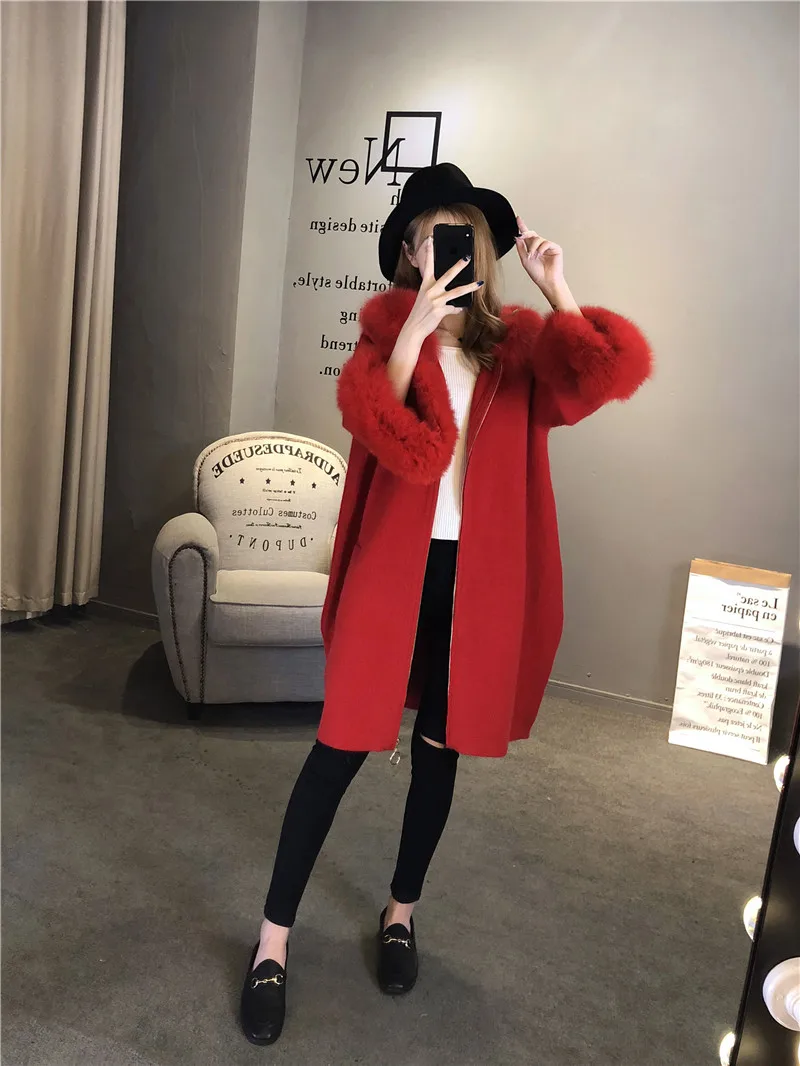 High Quality Women Real Fox Fur Hooded Cardigan Mink Cashmere Zipper Long Sleeve Winter Autumn Warm Kintted Coat |