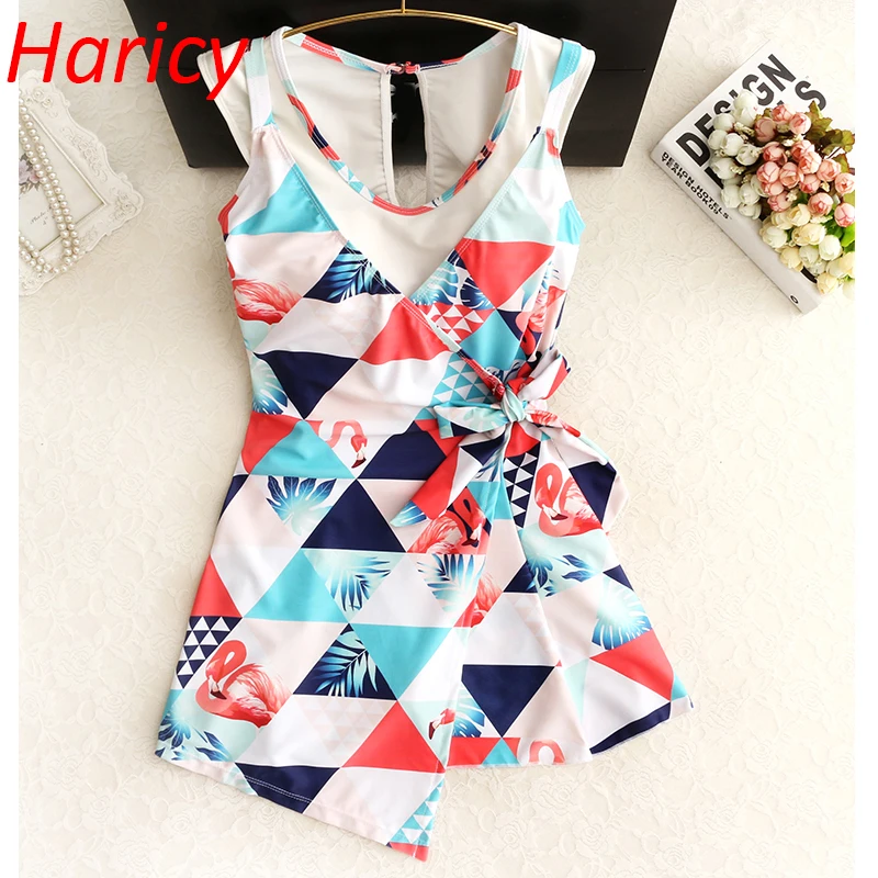 Новинка 2018 женский купальник размера плюс Цельный юбка с принтом купальный