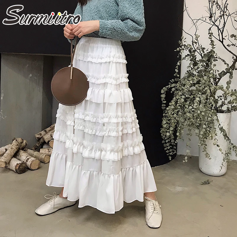 Surmiitro Длинная черная белая летняя юбка с оборками для женщин, модная Корейская высокая талия, плиссированная школьная юбка для женщин