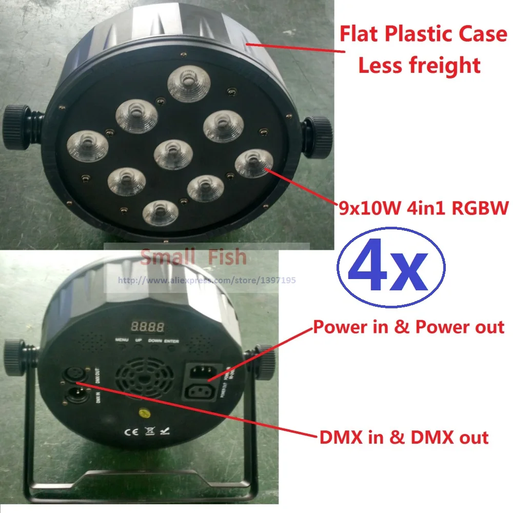 

4x Лот плоский светодиодный луч моющийся движущийся сценический свет 9x10 Вт RGBW пластик Led Par Can Powercon Мощность вход/выход разъем DJ диско DMX огни