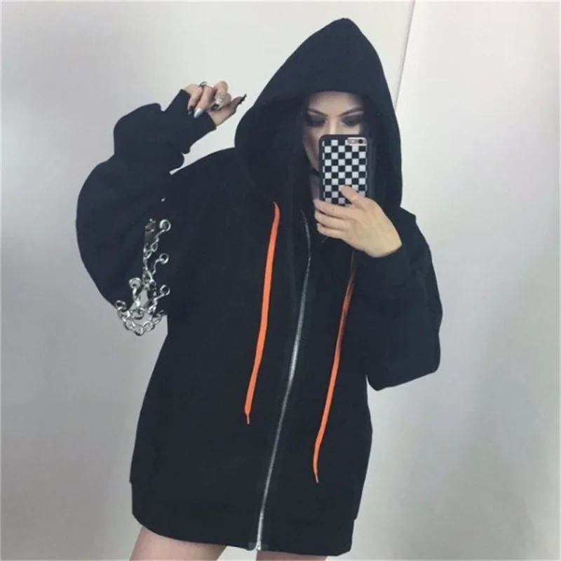 Autumn and Winter New Gothic Wind Chain Stitching Loose Hoodie Zipper Women's Jacket Sweatshirt | Женская одежда