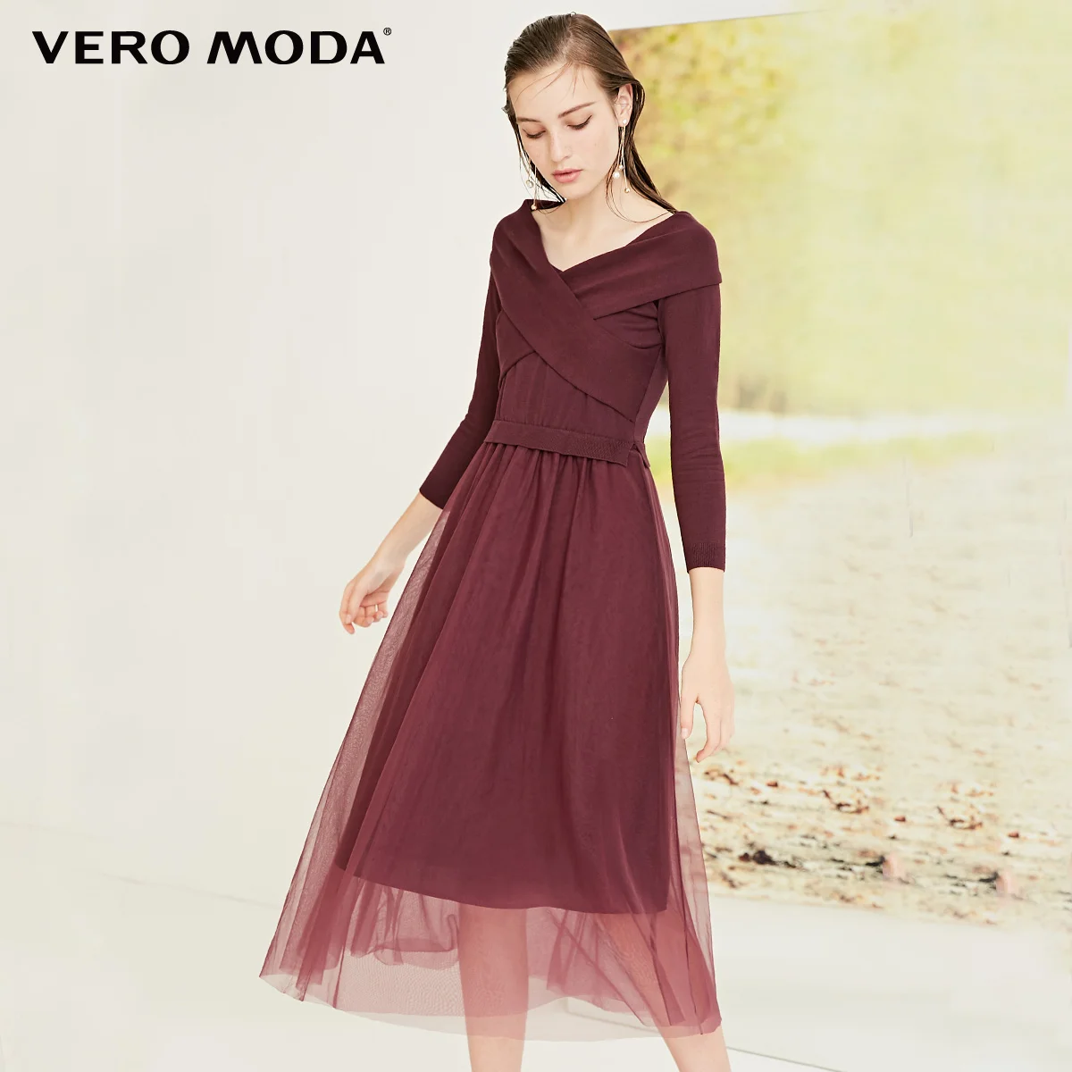 Vero Moda трикотажные Gauzy Splice 3/4 рукава Макси/длинное платье Вечерние платья | 31837C530 - Цвет: Winetasting
