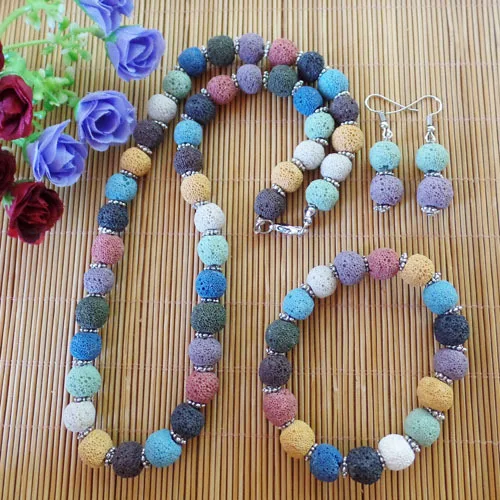 Вулканический черный круглый растягивающийся браслет серьги и ожерелье 10 мм