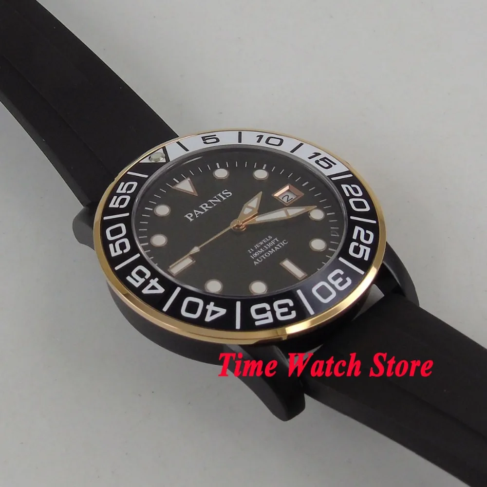 Мужские часы Parnis 42 мм 21 Jewels Miyota 821A черный циферблат светящиеся сапфировое стекло