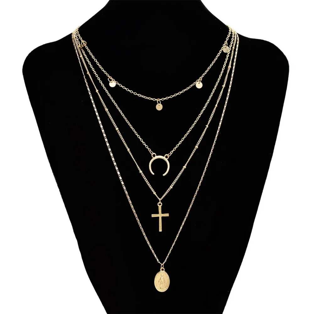

Elegant Simple Fashion Gold Metal Sweater Chains Necklaces Charm Moon Cross Pendant Necklace Clavicular Chains Multilayer