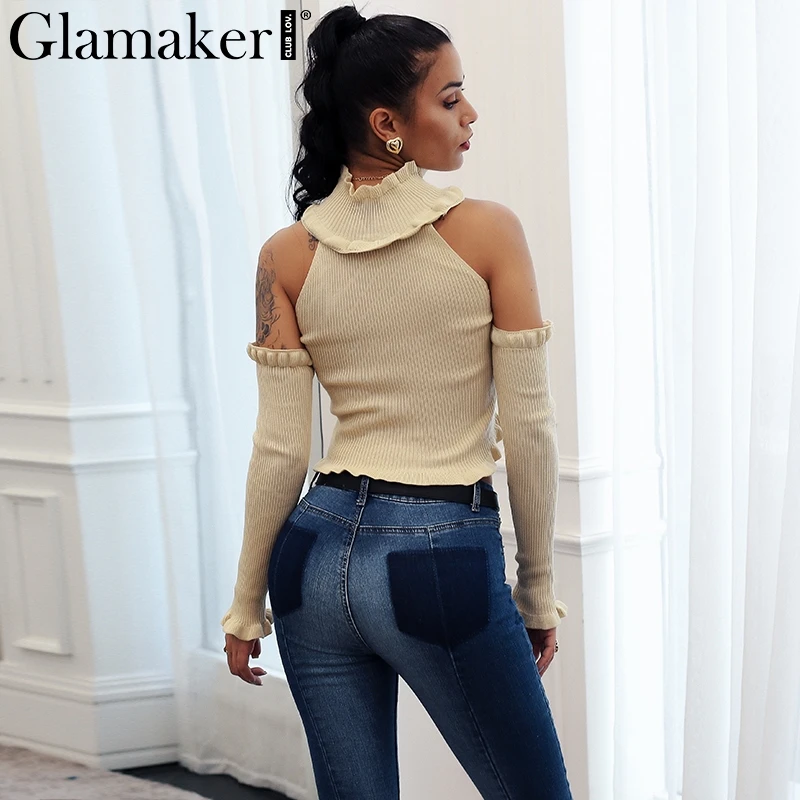 Glamaker Ruffle cold shoulder turtleneck sexy sweater Women halter long sleeve pullover Knitted backless summer party jumper | Женская