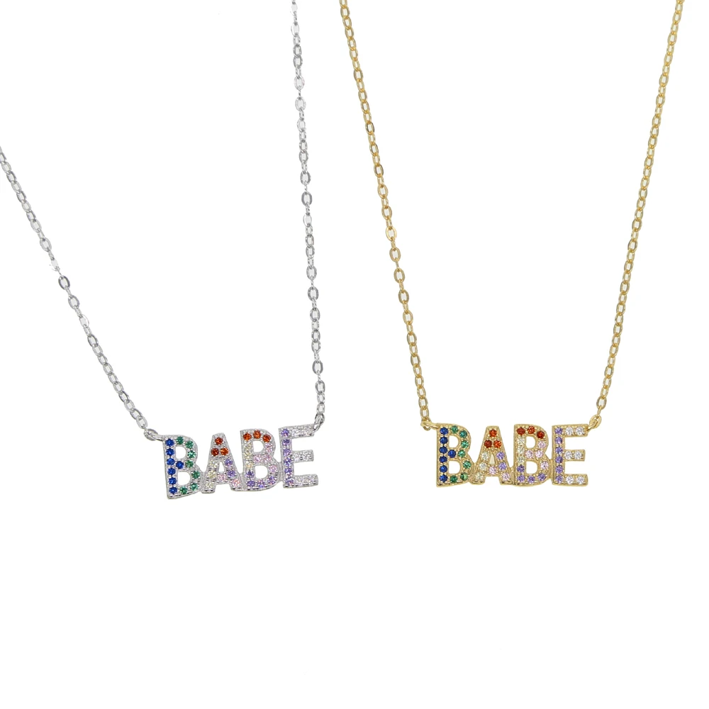 2023 Multi Color Rainbow Cubic Zirconia Cz Babe Letter Word Pendant Necklace Customize Fashion Women Girl Charm Jewelry Gifts