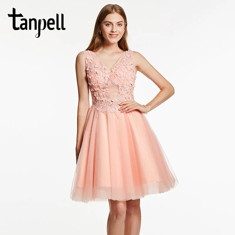 

Tanpell appliques homecoming dress pink v neck sleeveless knee length dresses women beaded cocktail short homecoming ball gown