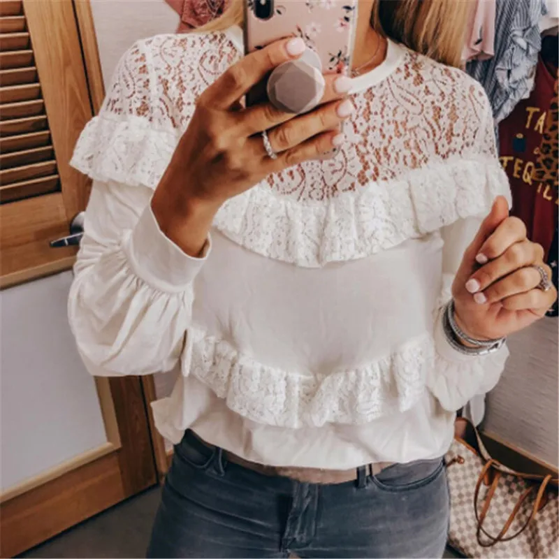 

Women's Fashion Lace Patchwork Blouses Fashion Ladies Hollow Out Long Sleeve White Shirt Tops Stylish Perspective Loose Blouses