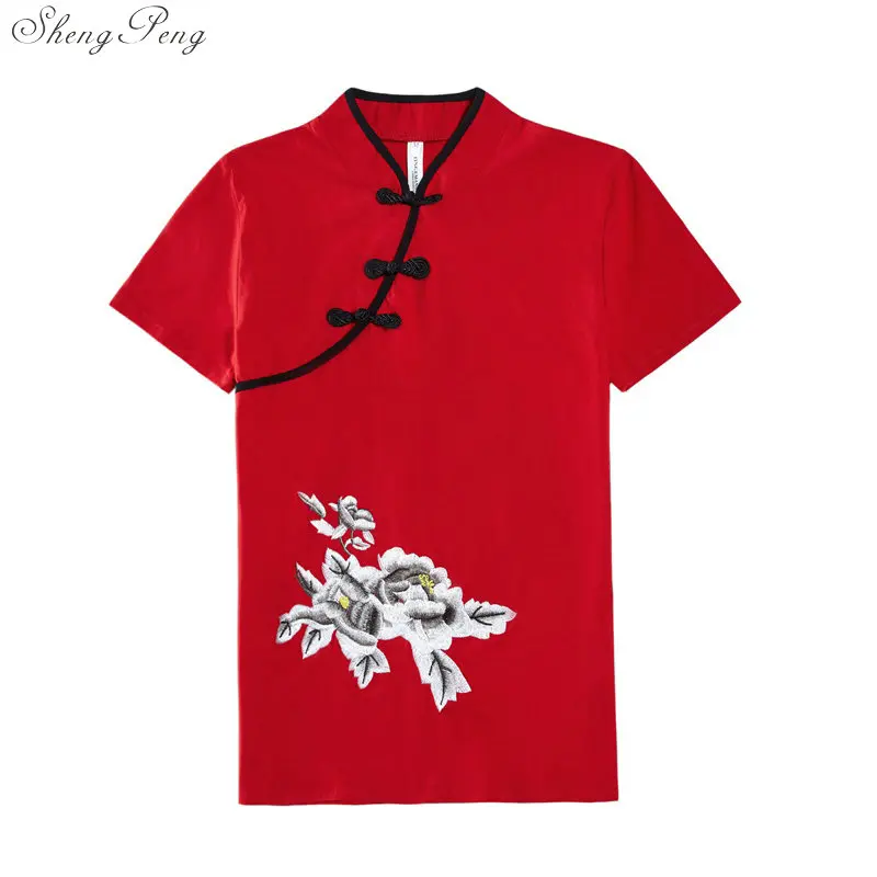 Элегантное платье в стиле ретро; в китайском Для женщин Cheongsam топы с вышивкой, с принтом топы Ципао платье украшено традиционным Рубашка с короткими рукавами кофточка Ципао Q704