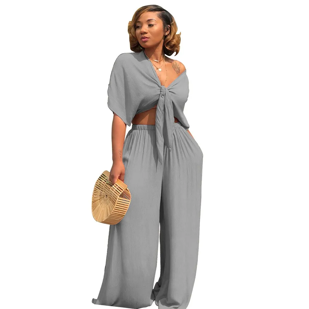 Женский комплект из 2 предметов короткий топ с бантом и длинные широкие брюки