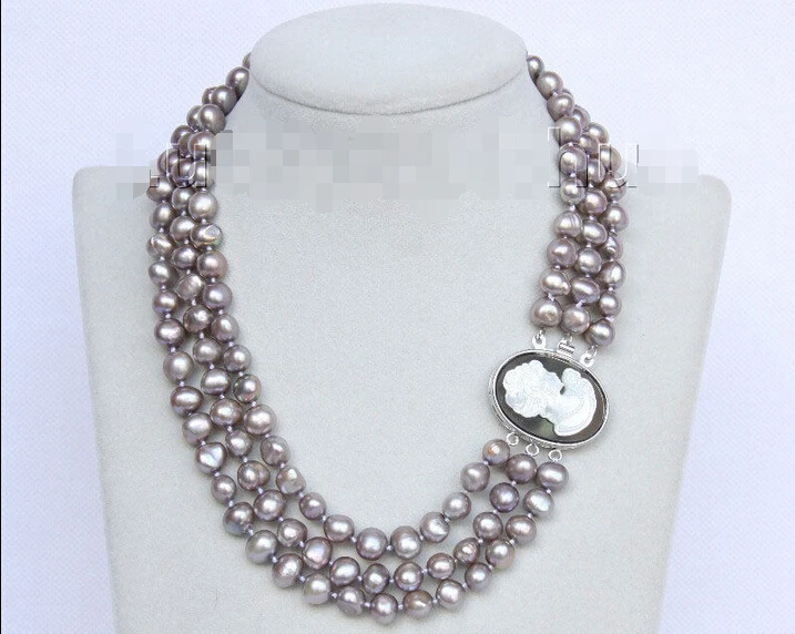 

FREE shipping> >>>Baroque 16"-18" 3row 9mm dark gray pearls necklace seashell clasp j10085