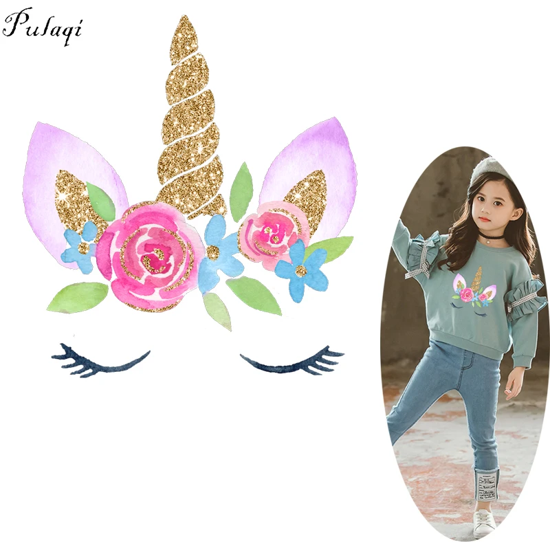 Pulaqi Flower Unicorn Iron On Transfers For Clothes In Love Patch Thermal Heat Transfer Vinyl Sticker DIY Applique F | Дом и сад