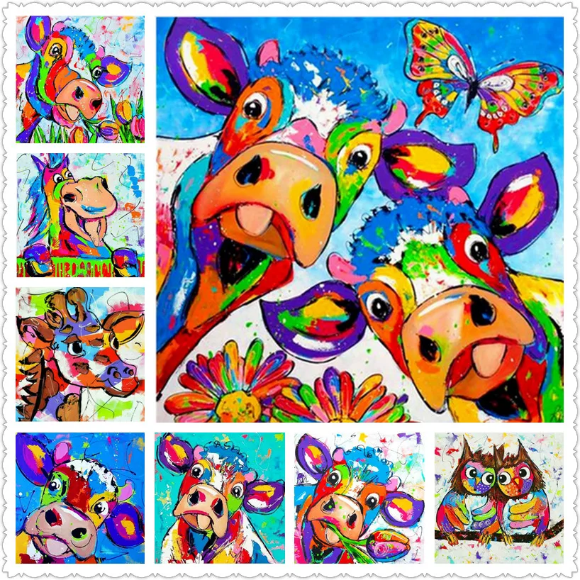 Hot 21 style cartoon watercolor 5d diy diamond painting cow chicken animal icon full square embroidery 3d wall sticker | Дом и сад