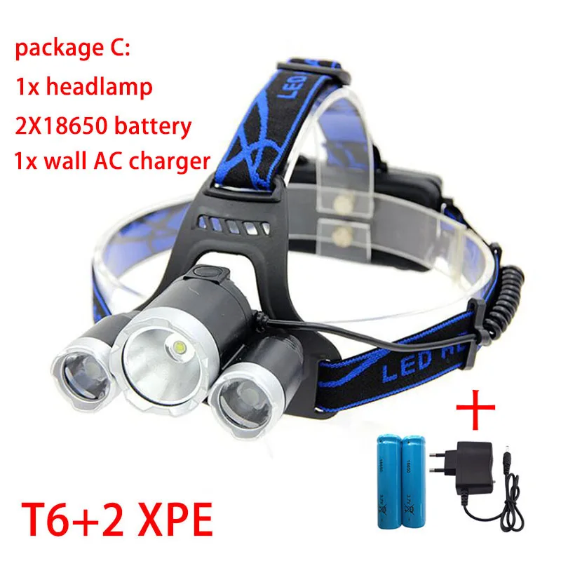 package C 3 светодиодный налобный фонарь T6 2 R2 фронтальный hoofdlamp высокой мощности ночной Головной фонарь для рыбалки 18650 - Испускаемый цвет: package C