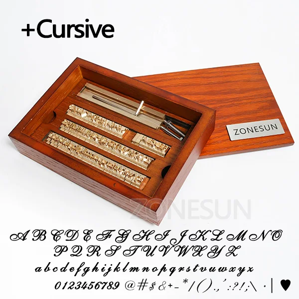 Cursive with woodbox ZONESUN Пользовательский логотип DIY металлические буквы символ цифры набор кожа горячая фольга штамп жажда инструмент Брендинг железа тиснение машины плесень - Цвет: Cursive with woodbox