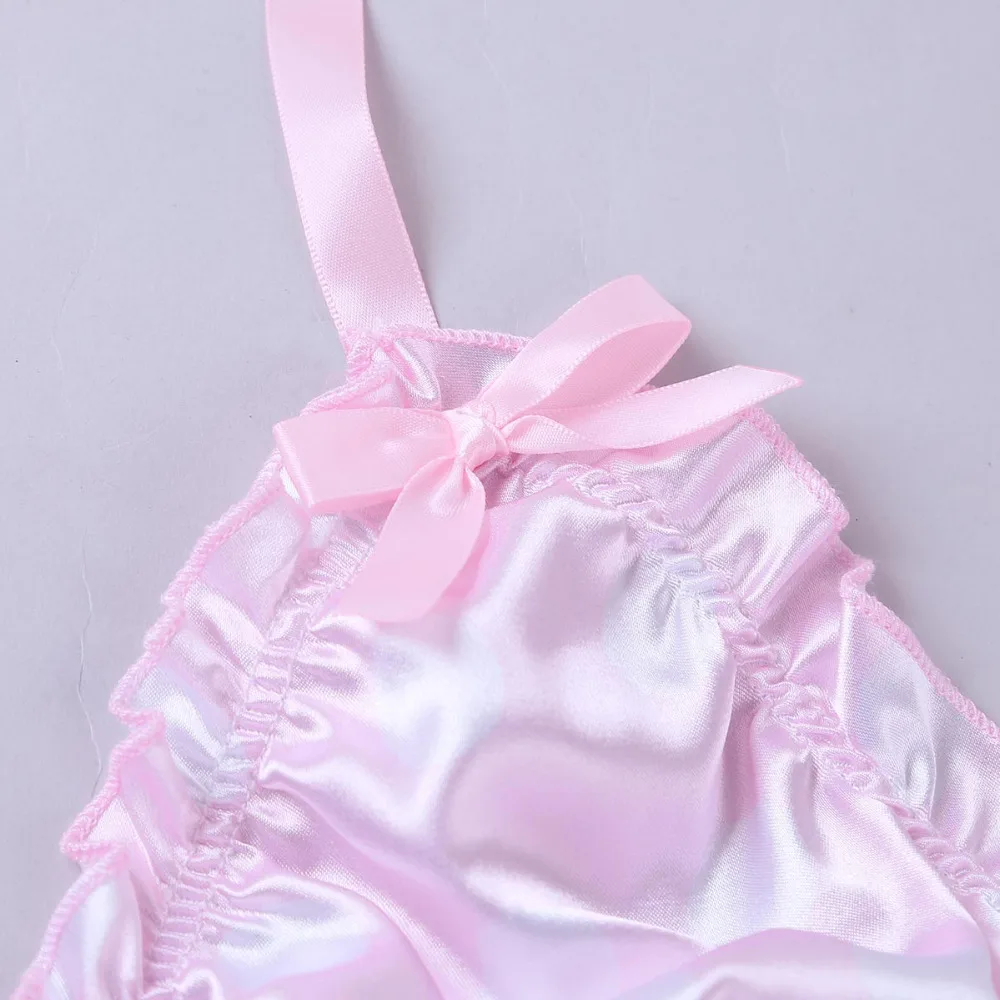 

Mens Ruffled Frilly Shiny Smooth Polka Dots Strappy Sissy Bikini Lingerie Set Wire-free Halter Bra Top with Briefs Gay Underwear