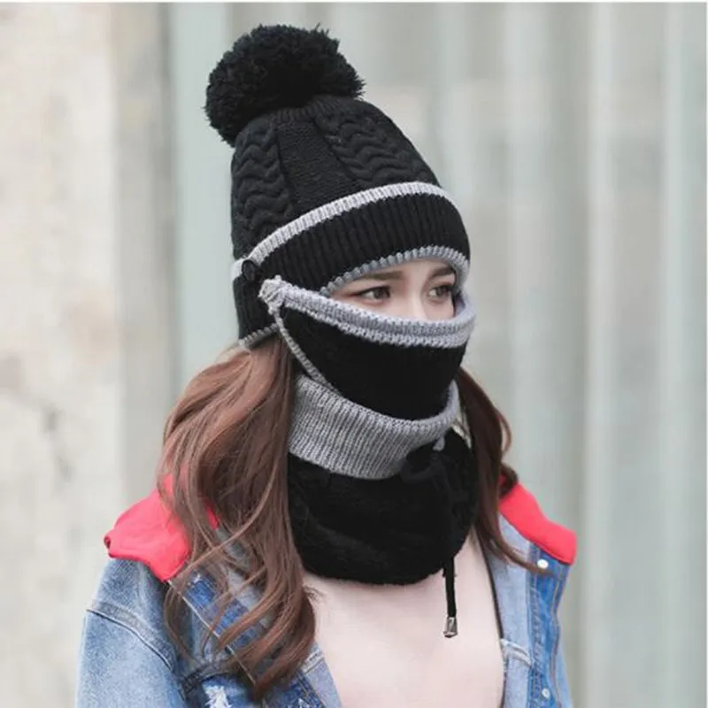 New High quality Women Thickened Winter Knitted Warm Skiing Cycling Hiking Caps Multi Functional Thermal Hats Scarf Mask Set | Спорт и