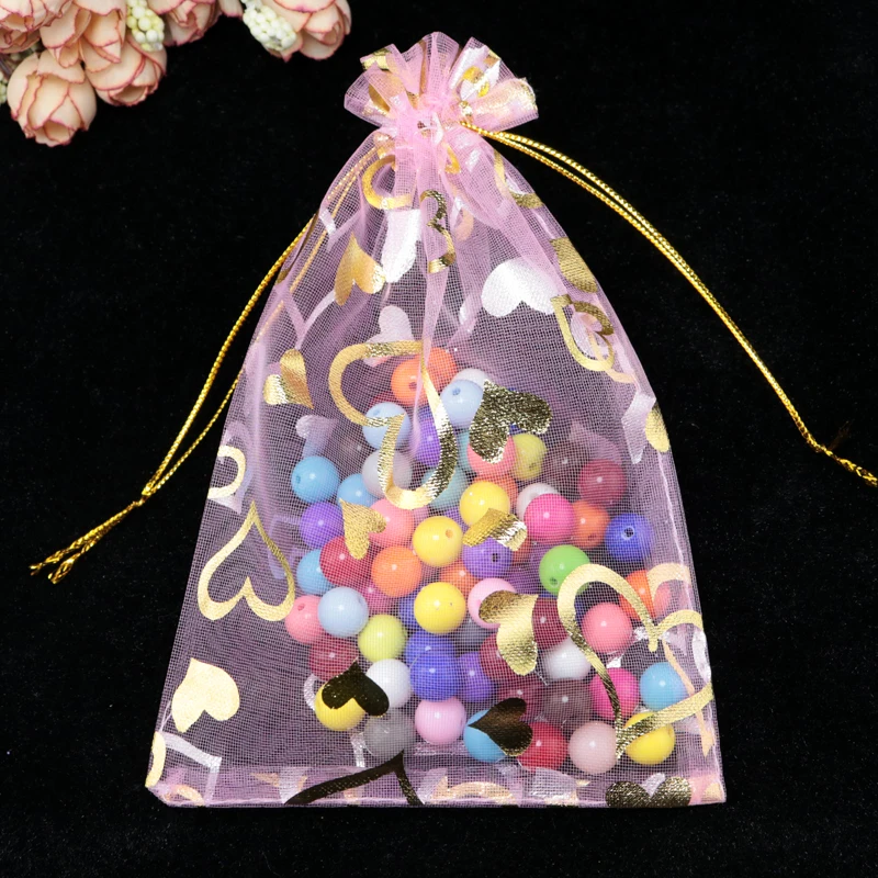 

100pcs/lot 20*30cm Pink Organza Bag Hearts Design Cosmetics Jewelry Packaging Bag Wedding Drawstring Gift Bags Bolsas De Organza