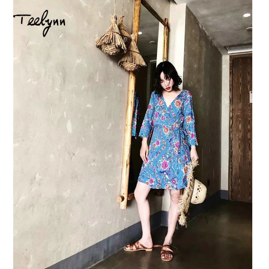 TEELYNN мини накидка платье футболка с коротким рукавом v образным вырезом короткие