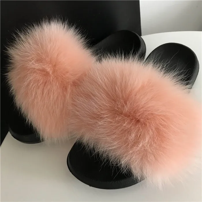 Peach pink Модные женские шлепанцы с натуральным мехом енота и лисы; шлепанцы без задника; повседневные модные меховые сандалии с мягким мехом - Цвет: Peach pink