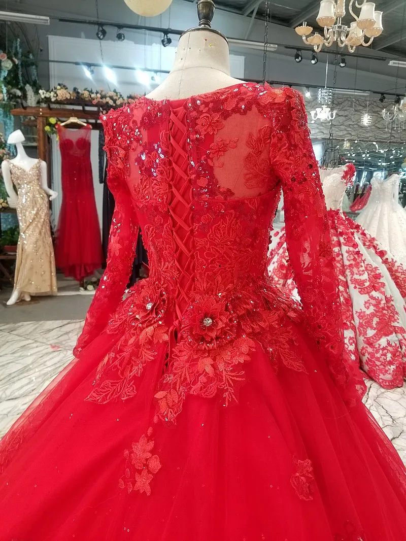 Red Lace Tulle Crystals Prom Dresses 2018 Long Sleeves O Neck Sequins Sexy Princess Gowns Formal Party | Свадьбы и торжества