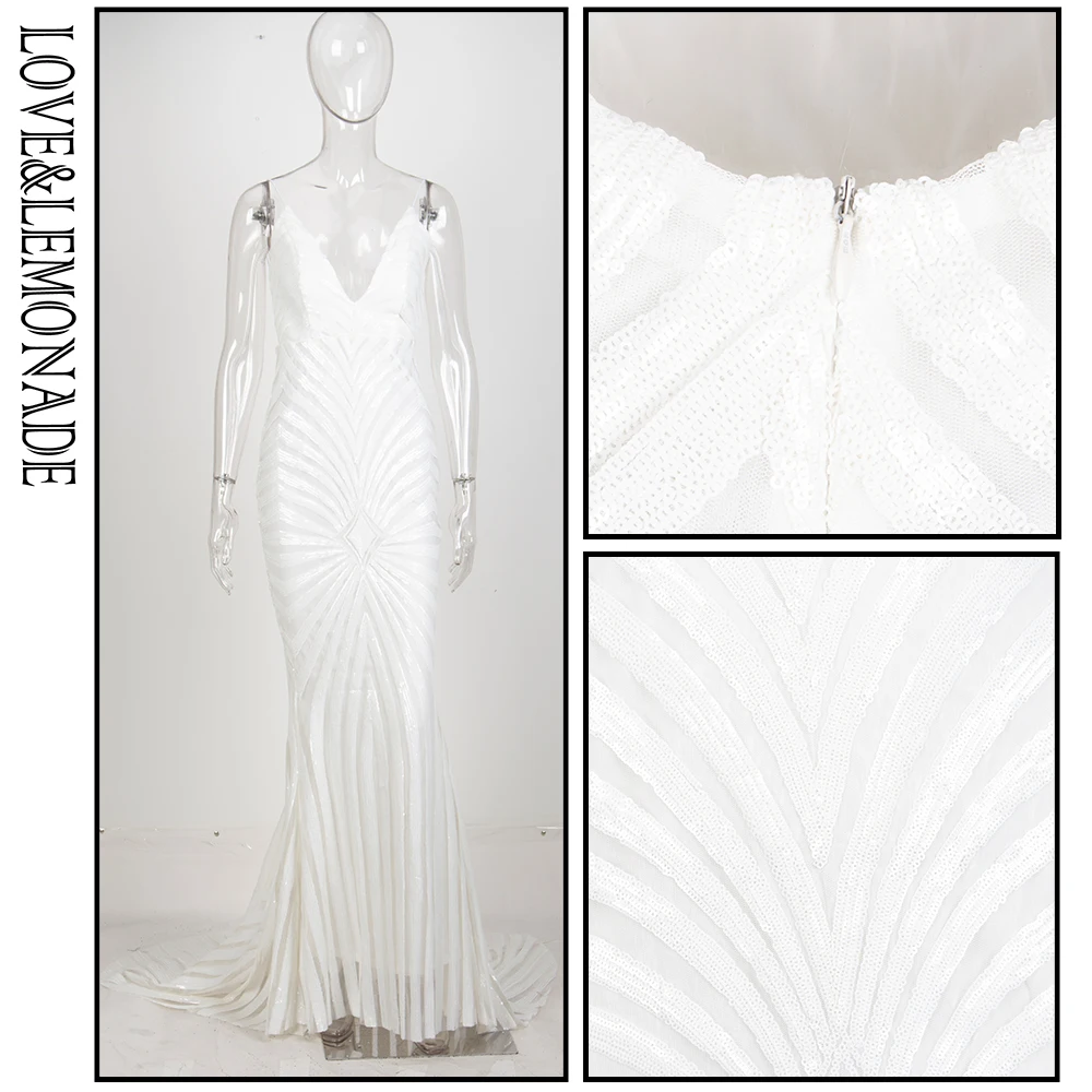 

LOVE&LEMONADE White Deep V Neck Open Back Geometry Sequins Long Dress LM81225