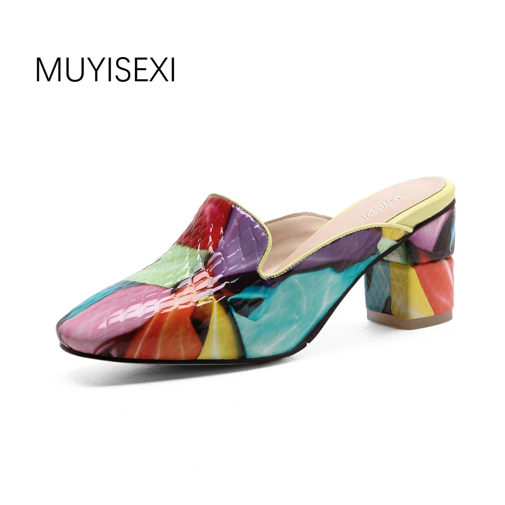 

Mules Womens Colourful Genuine Leather Women Shoes High Heel Slippers plus size 34-43 MX03 MUYISEXI