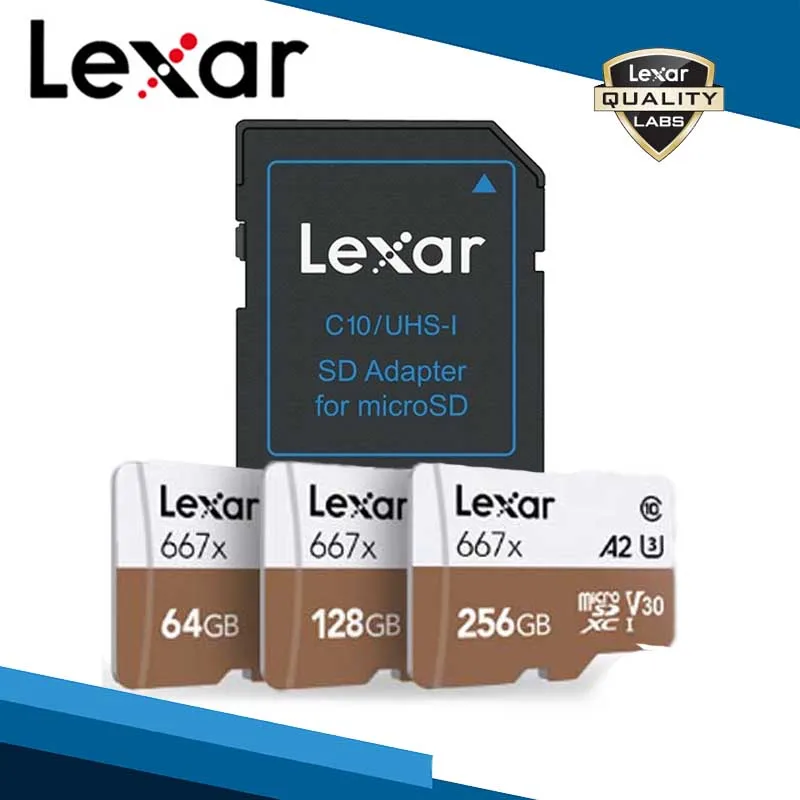 Lexar 667x Micro SD tf-карта с адаптером, устройство для чтения карт памяти Micro 64 ГБ, 128 ГБ, 256 ГБ, U3, V30, A2, SDXC, UHS-I для беспилотных спортивных видеокамер