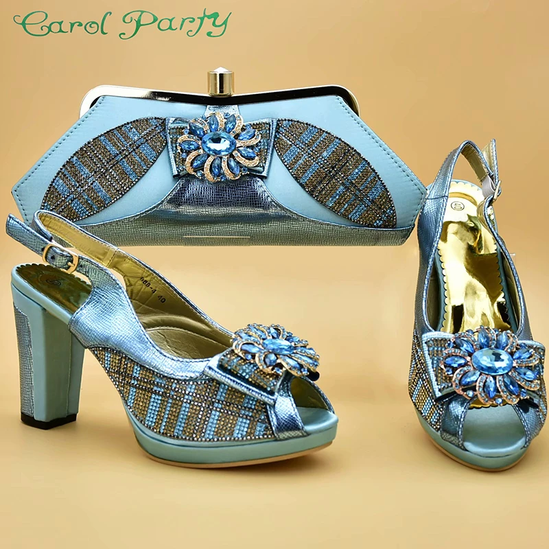 

Женский комплект из обуви и сумок, синего цвета, украшенный Африканской обувью и сумкой стразы, для вечеринки в Италии