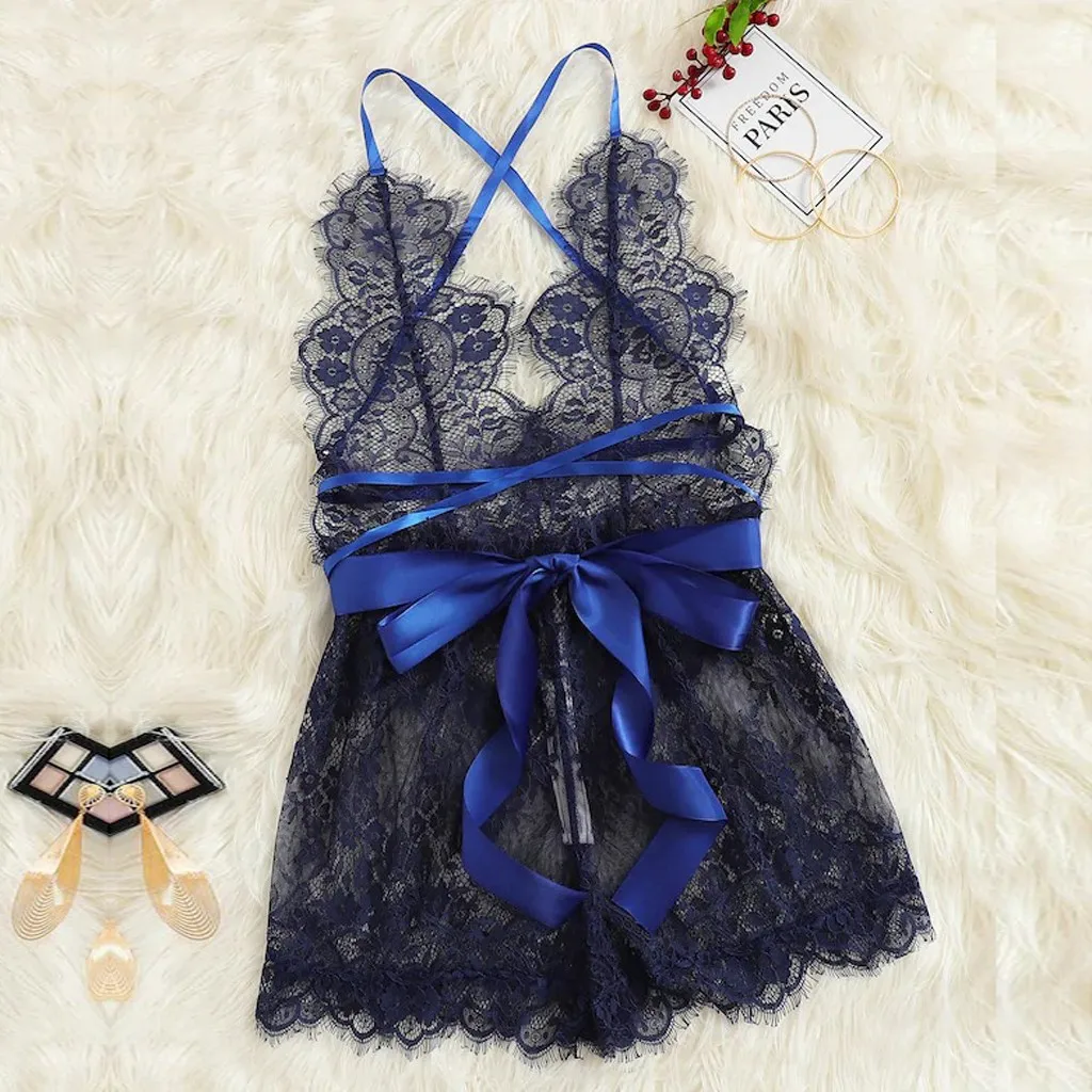 

Women Eyelash Lace Romper Sexy Bodysuit with Belt Present for Girlfriend All Seasons Comfortable Fashionable Nightwear Sleepwear