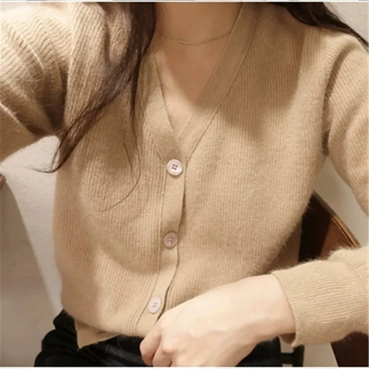Кашемировый вязаный женский корейский стиль Vneck Тонкий однобортный Кардиган свитер сплошной цвет S-2XL