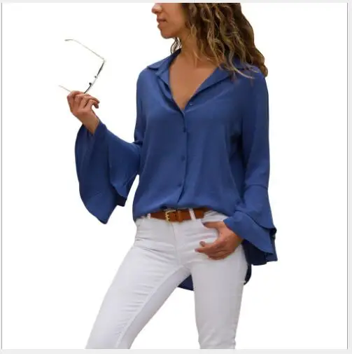 Women Blouses 2018 New Autumn Slim Fit Solid Single-Breasted Lady Fashion Casual Turn Down Collar Butterfly Sleeve Shirt |