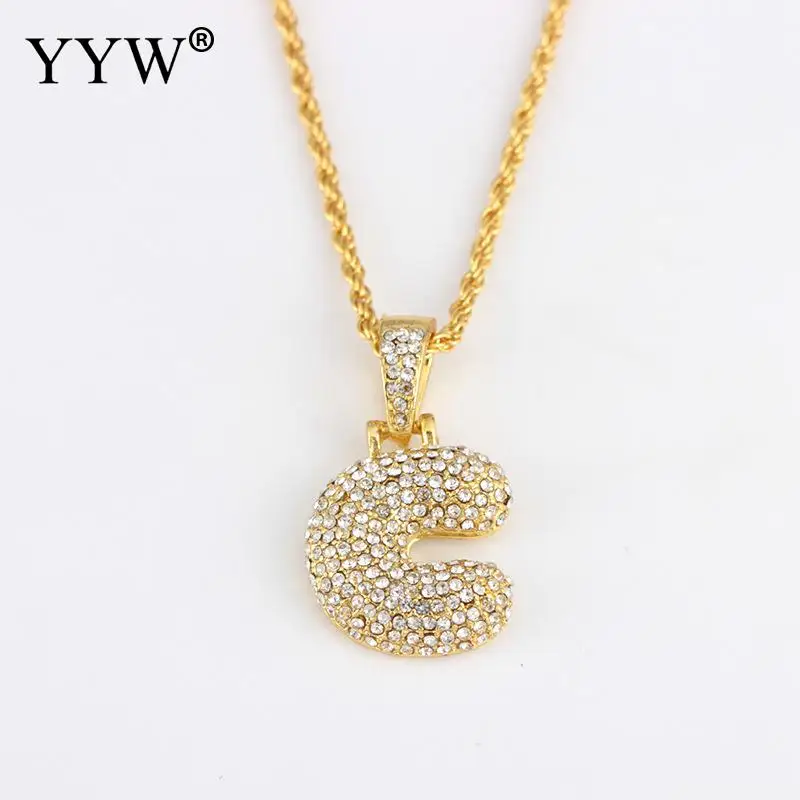 c Cubic Zirconia Hip Hop Chain Neckalce A-Z Custom Name Bubble Initial Letter Necklaces& Pendant Charm For Women Men Jewelry - Окраска металла: c