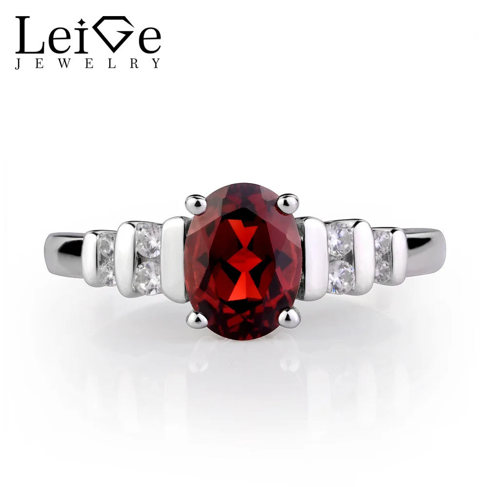 

Leige Jewelry Garnet Rings Oval Red Gemstone Jewelry Sterling Silver 925 Engagement Promise Rings for Women January Birthstone