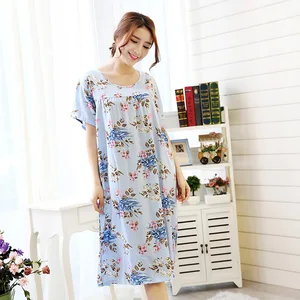 Летние женские ночные рубашки с коротким рукавом, Тканое хлопковое длинное платье, женская одежда для сна больших размеров, модная одежда для сна с цветочным принтом