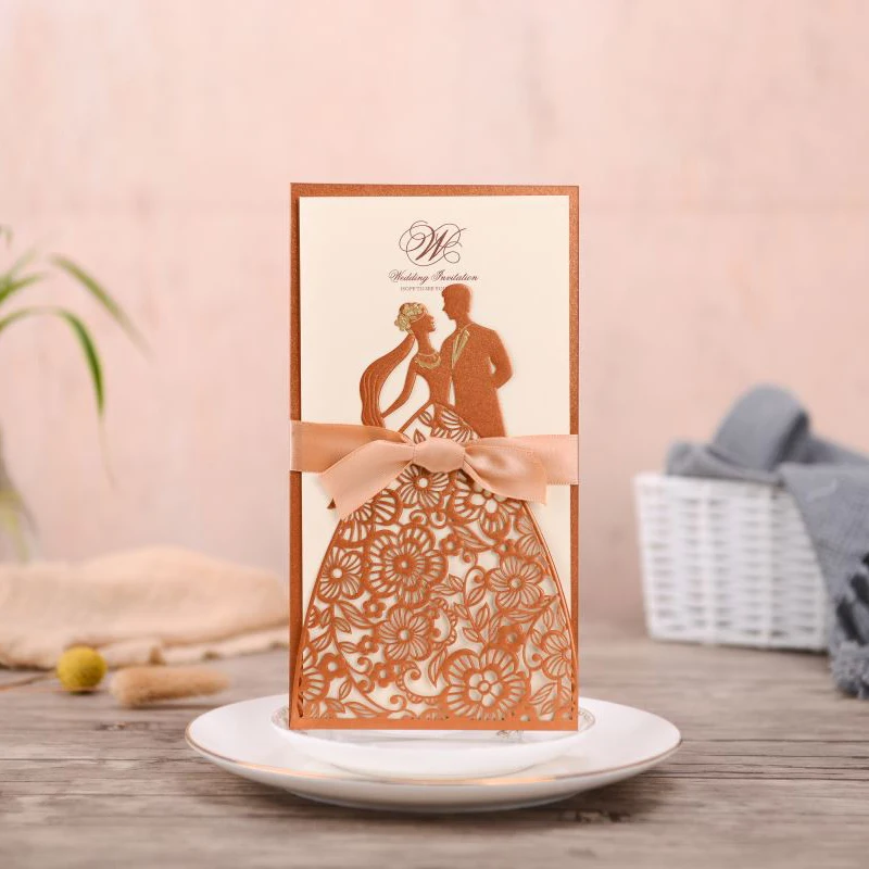 50pcs Laser Cut Wedding Invitations Card Bride And Groom Print Greeting Cards With Ribbon Decoration Party Supplies | Дом и сад