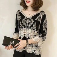 korean vintage lace blouses women crop tops hollow out lace shirts female elegant floral embroidery 2022 summer blouse for woman