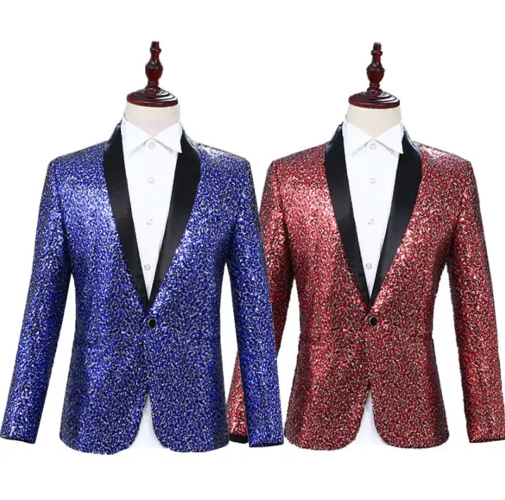 

sequins blazer men suits stage costumes singers jacket mens clothes dance star style dress punk rock masculino homme blue red